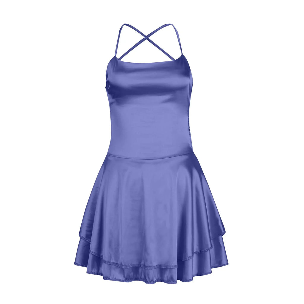 Backless Satin Party Dress With Cowl Neck Spaghetti Straps