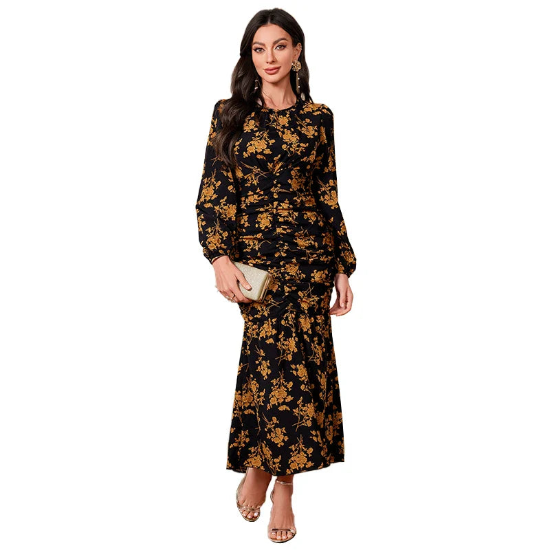 Black Floral Dress for Women Elegant Long Sleeve O Neck