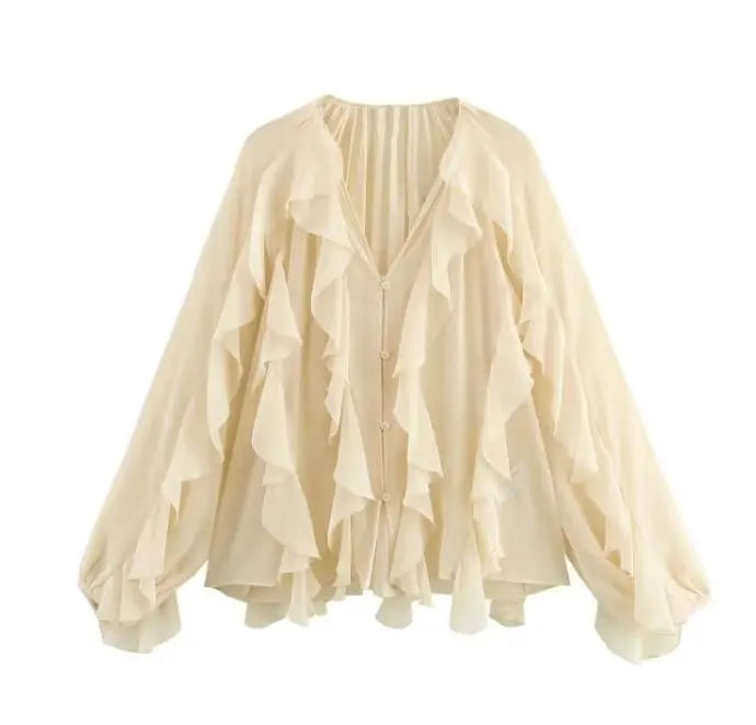 Sexy Transparent Tassel Chiffon Women Blouse Long Sleeve V Neck Loose Fit Single Button Shirt Stylish Lightweight Top for Spring and Summer
