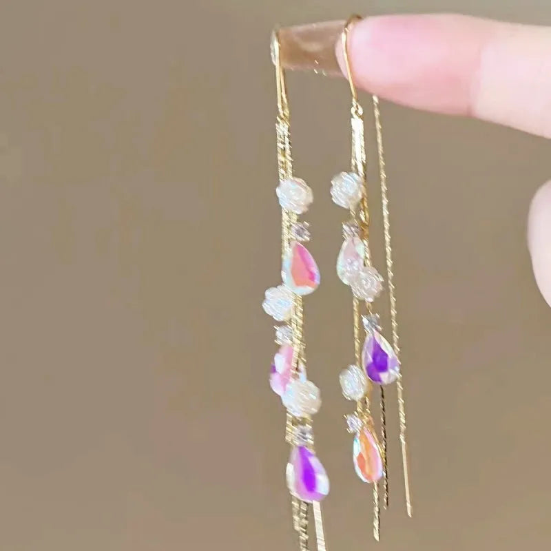 Blue Heart Shaped Zircon Dangle Earrings for Women with Long Tassel Design Perfect for Weddings and Parties