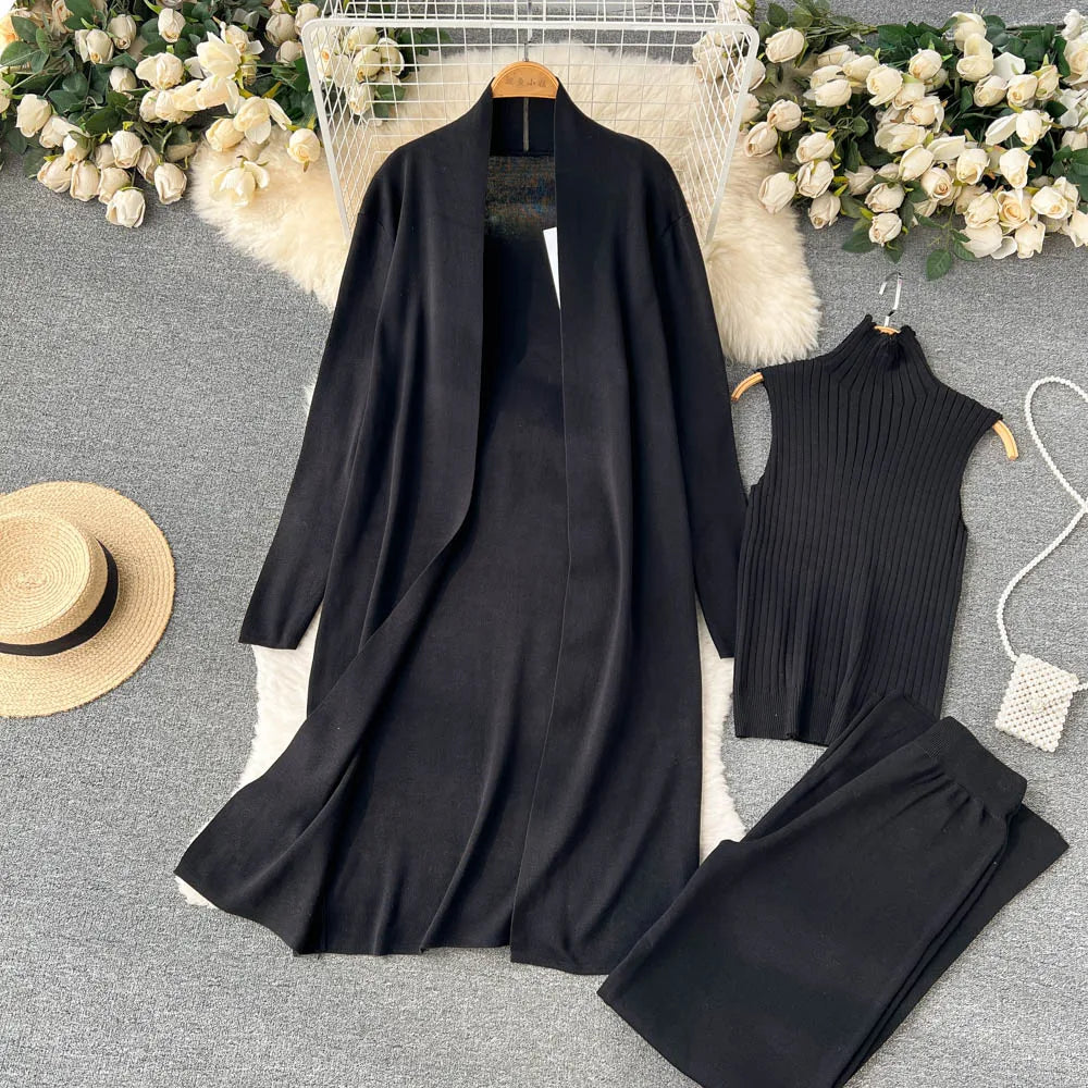3 Piece Knitted Tracksuit Set for Women Comfy Loungewear with Long Cardigan Coat Turtleneck Vest and Pants