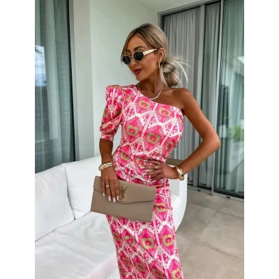 High Waist Off Shoulder Party Dress Asymmetrical Print