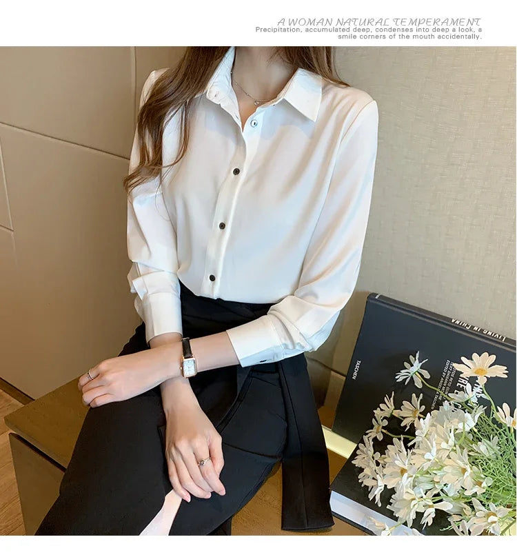 Elegant Satin Long Sleeve Blouse for Women Casual Office Shirt Solid White Basic Top