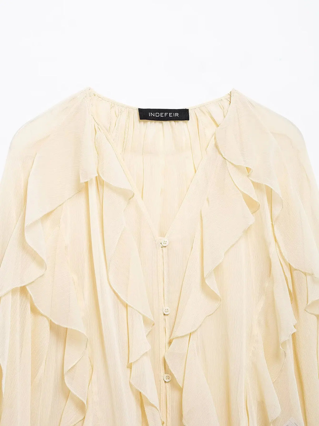 Semi-Sheer Ruffle V-Neck Blouse for Women Long Sleeve Button-Up Lightweight Spring Summer Top