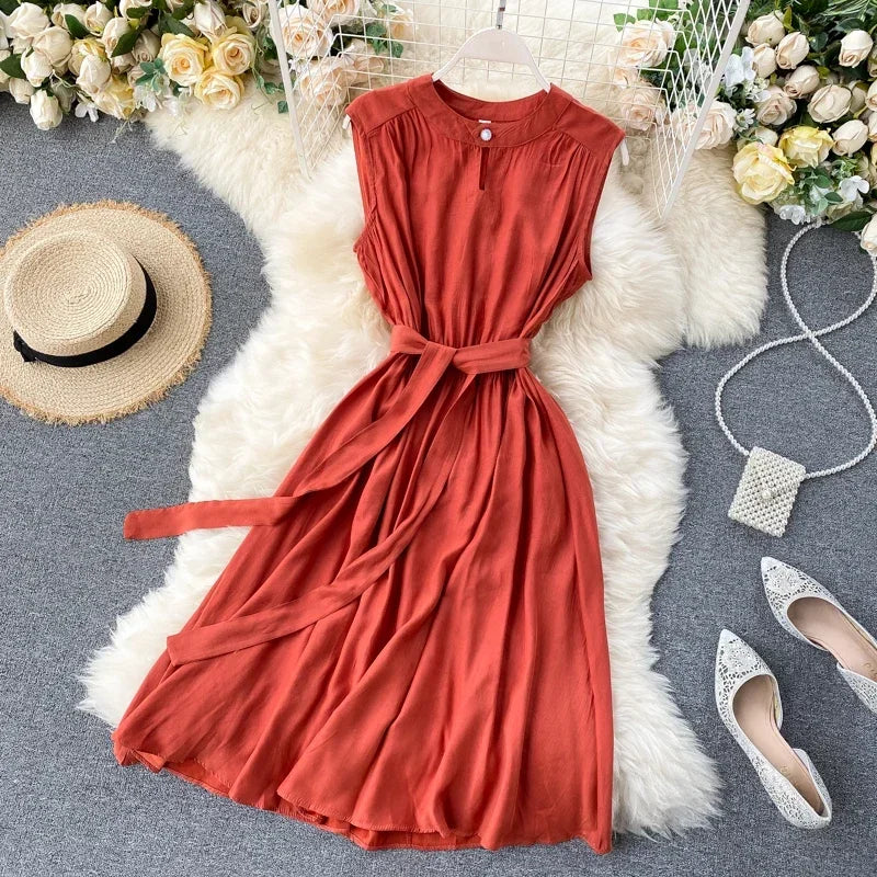 Sleeveless Summer Dress Solid Colors Green Blue Yellow Casual