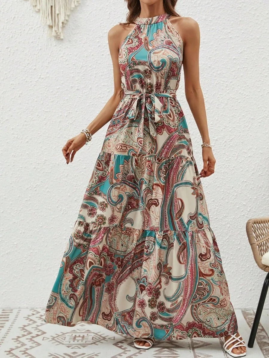 Bohemian Print Maxi Dress Halter Neck Zipper Closure