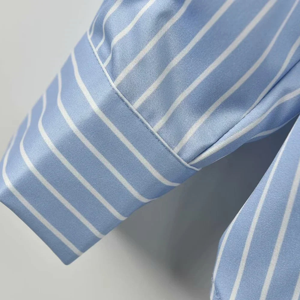 Women's Vertical Stripe Long Sleeve Shirt with Disc Buckle and Irregular Retro Design Slim Fit Casual Office Blouse