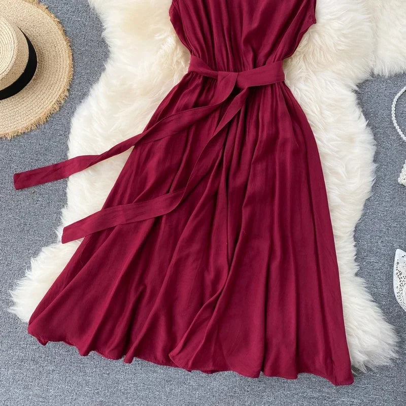 Sleeveless Summer Dress Solid Colors Green Blue Yellow Casual