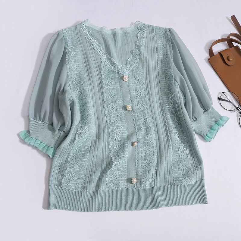 Women's Spring Summer Chiffon Short Sleeve Top Vintage V Neck Lace Trim Pearl Button Blouse Ribbed Elastic Waist Pleated Casual Office Shirt