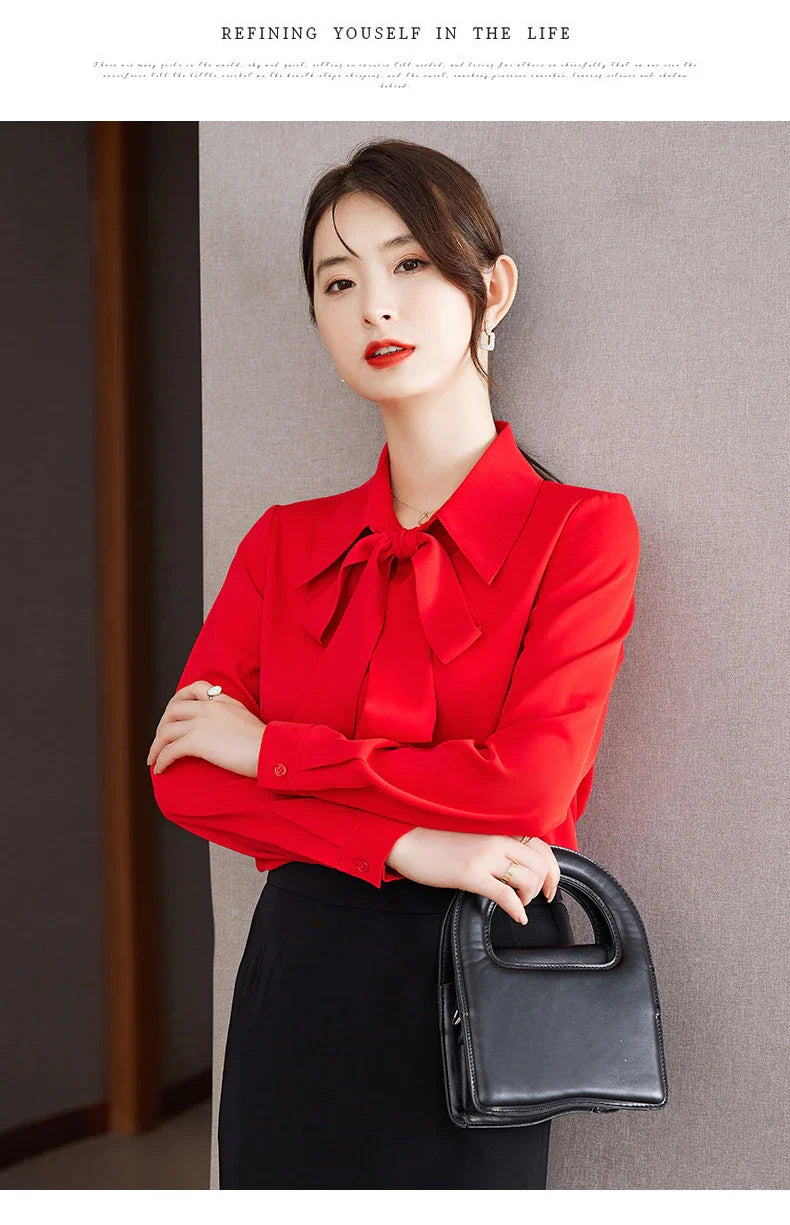 Elegant Bow Tie Ribbon Blouse for Women Lace Up Temperament Shirt Stylish Spring and Autumn Top