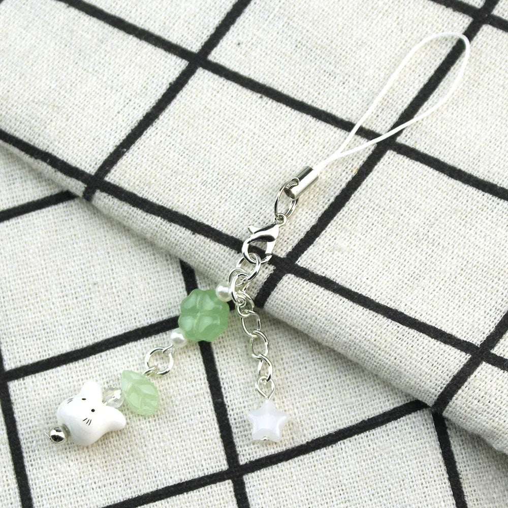 Handmade Four Leaf Clover Beaded Phone Charm Cute Cat Totoro Keychain Cybercore Cell Phone Chain Pendant Bag Decor