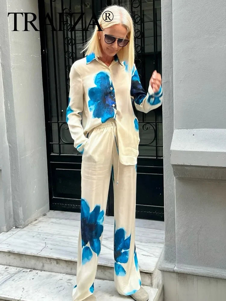 Elegant Floral Print Pant Set With Lapel Long Sleeve Loose Blouse And Drawstring High Waist Wide Leg Pants For Women