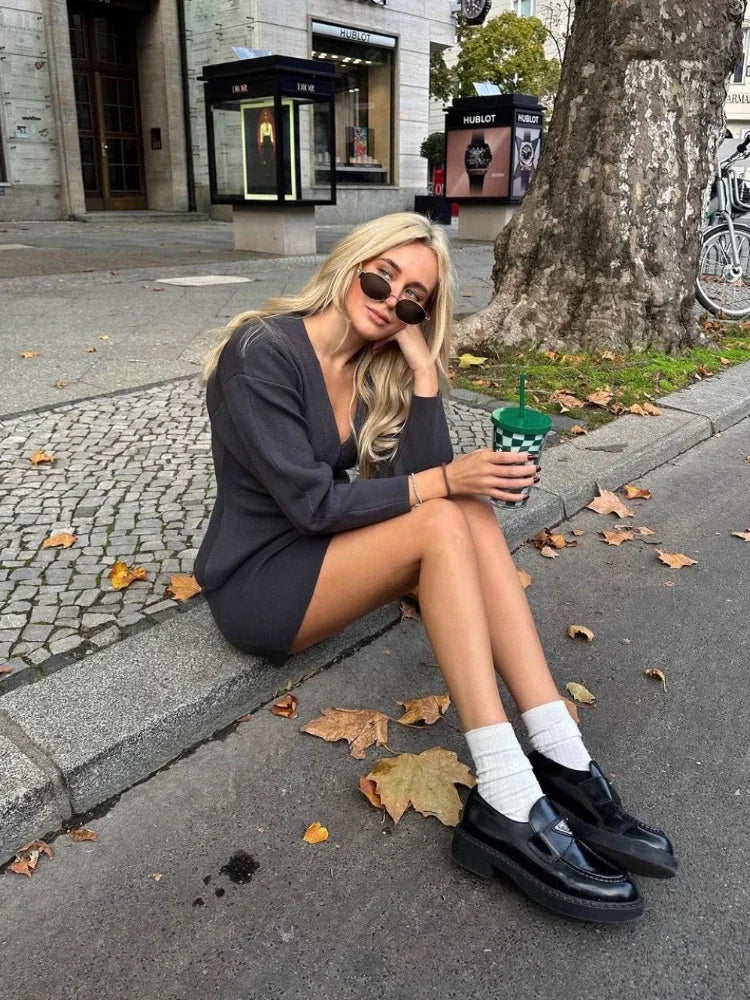 Women's Knit Tailored Cardigan and Skirt Set V-Neck Long Sleeve Jacket with High Waist Elastic A-Line Mini Skirt Stylish Two-Piece Outfit