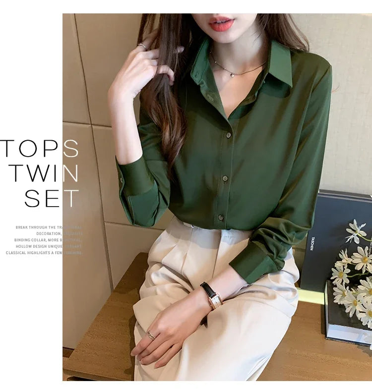 Elegant Satin Long Sleeve Blouse for Women Casual Office Shirt Solid White Basic Top