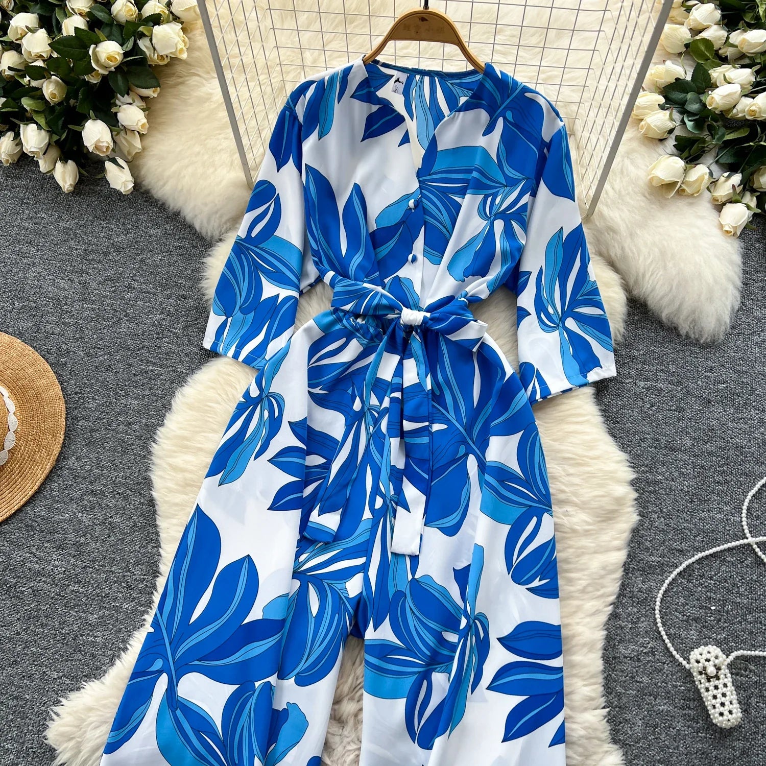 Women's Summer V-Neck Short Sleeve Lace-Up Waist Slim Fit Wide-Leg Printed Jumpsuit with Loose Straight Leg Design