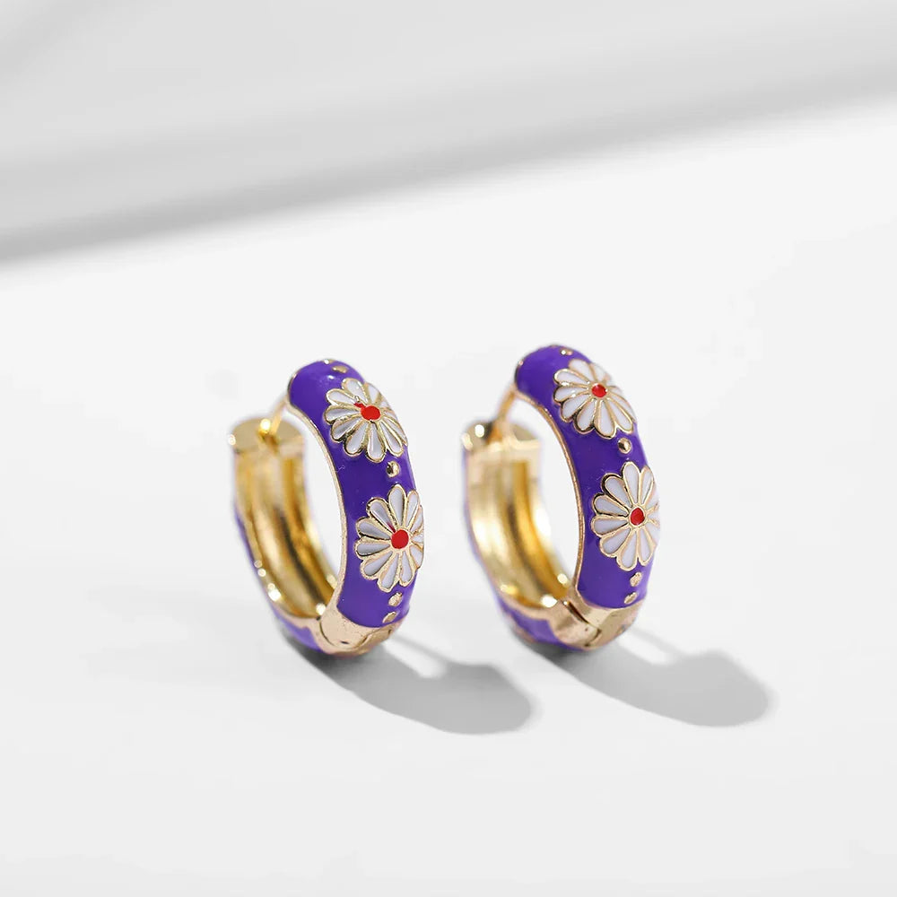 Vintage Enamel Flower Huggie Hoop Earrings for Women Colorful Engraved Round Retro Ear Jewelry