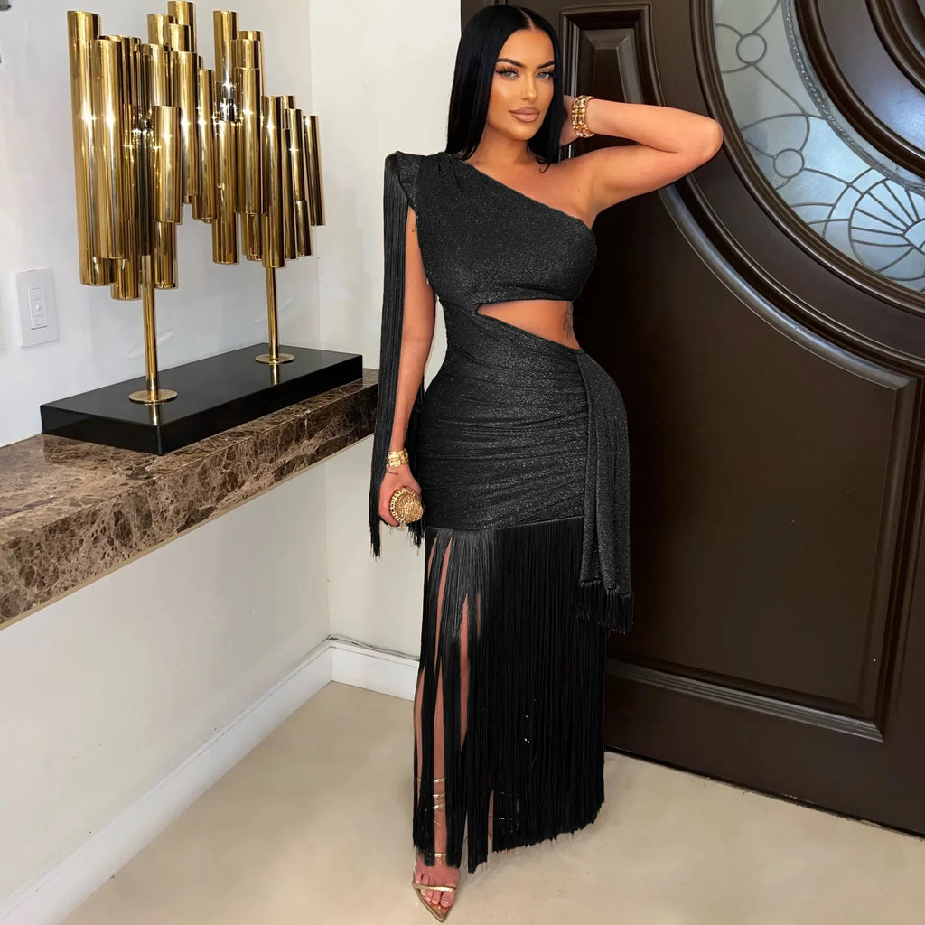 One Shoulder Diagonal Fringe Maxi Dress With Tassels