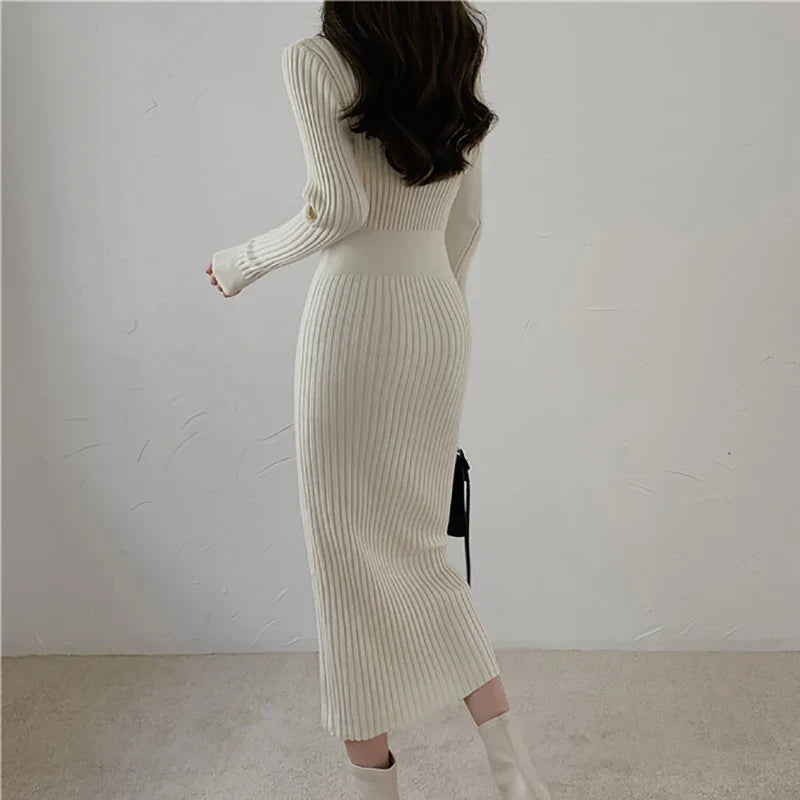 Knit V Neck Women Sweater Dress Long Sleeve Bodycon Office