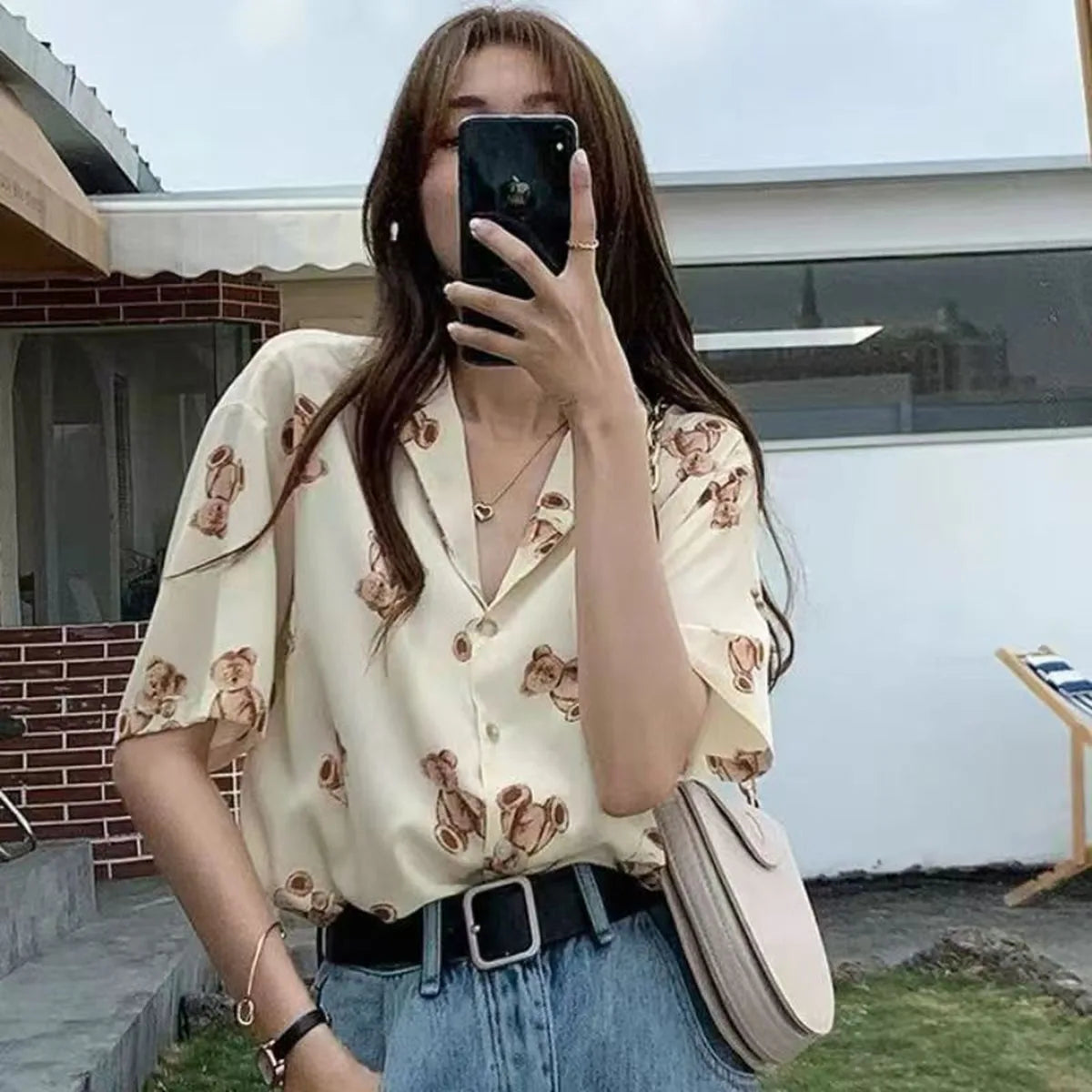 Summer Women's Chiffon Bear Print Short Sleeve T-Shirt Loose Vintage Casual Blouse Lightweight Korean Fashion Top for Ladies