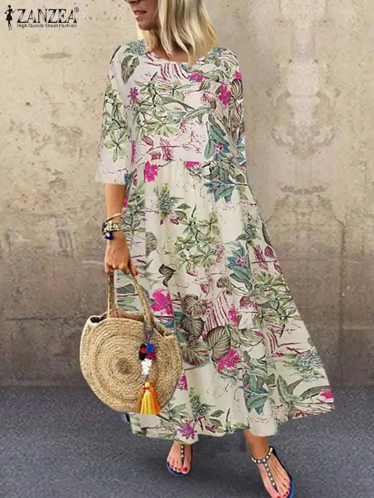 Boho Floral Sundress For Women With Three Quarter Sleeves