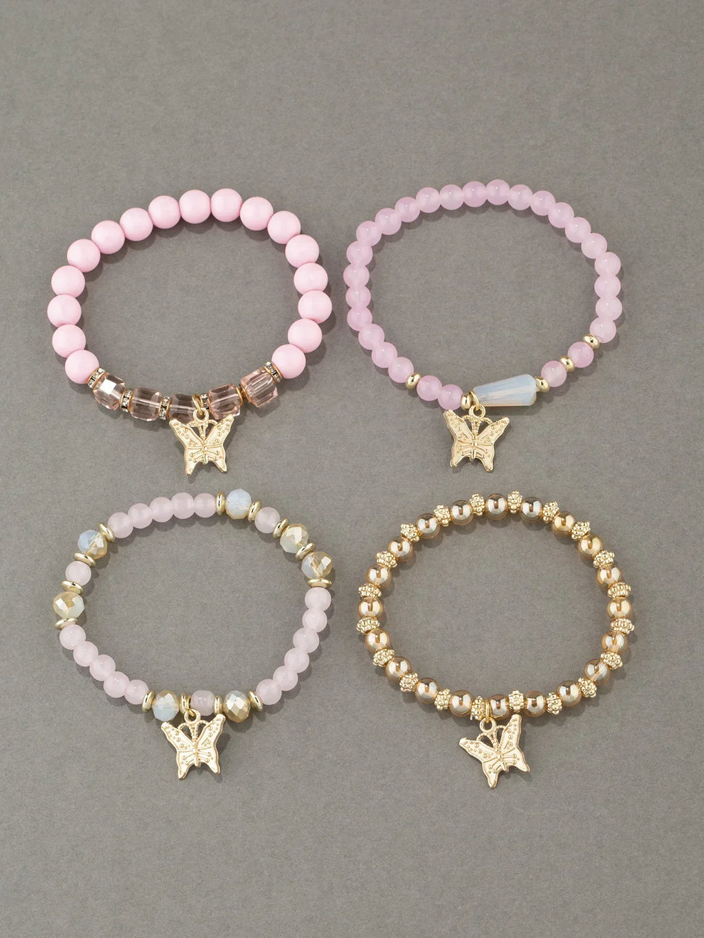 4Pcs Butterfly Beaded Bracelet Set for Women Pink Acrylic Beads Elastic Chain Bangle Bohemian Jewelry Gift