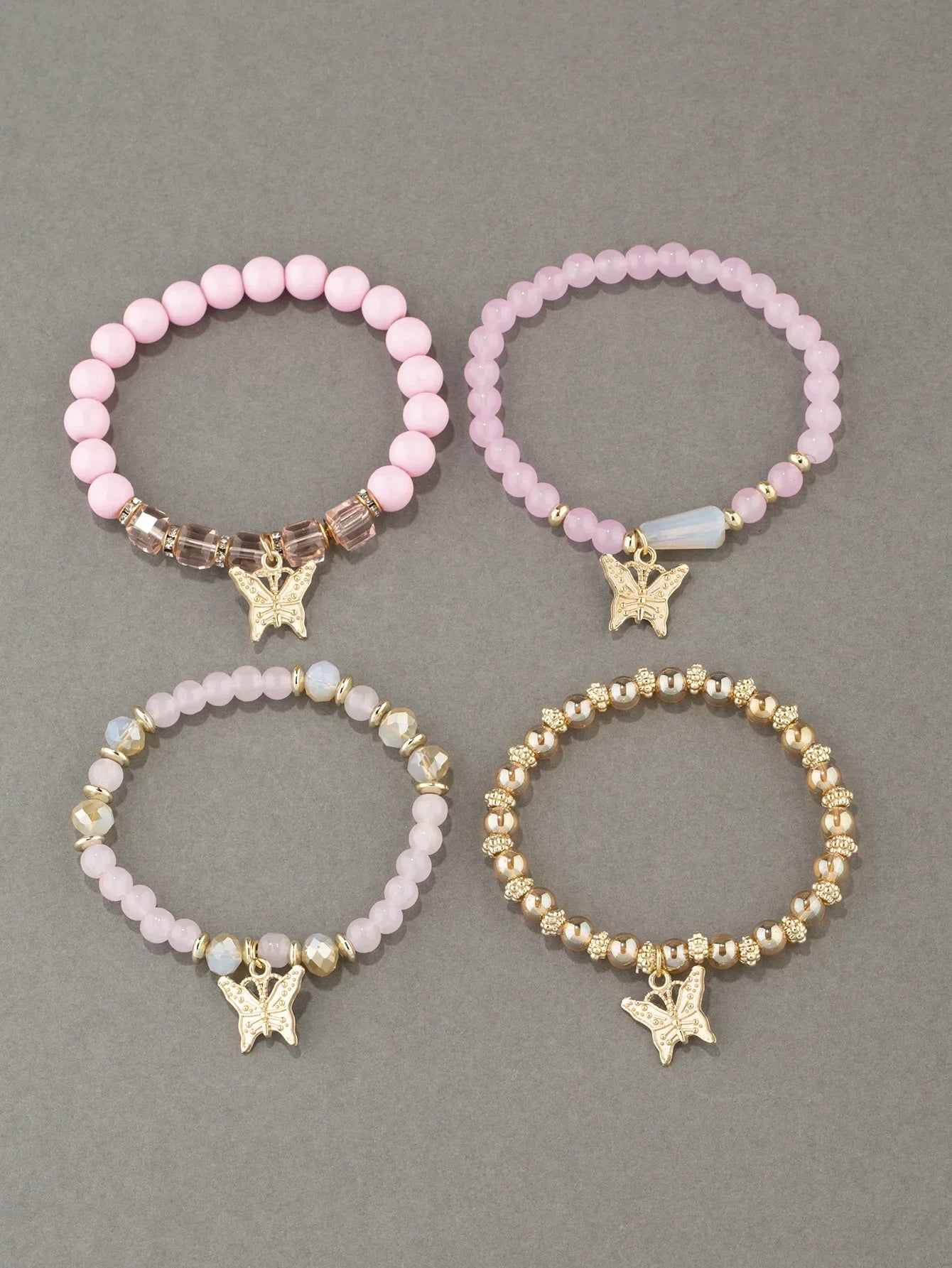 4Pcs Butterfly Beaded Bracelet Set for Women Pink Acrylic Beads Elastic Chain Bangle Bohemian Jewelry Gift