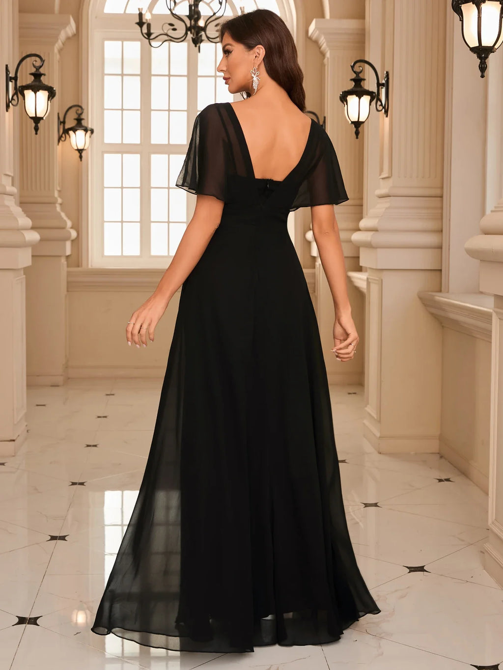 Backless Sequin Batwing Sleeve Chiffon Dress Patchwork