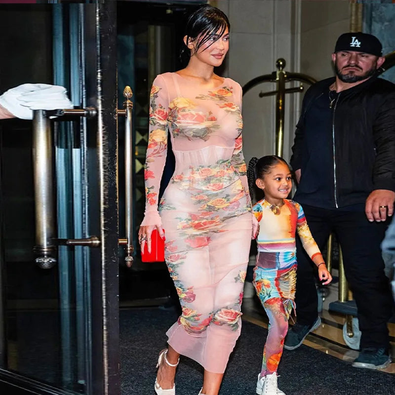 Sheer Mesh Floral Maxi Dress Long Sleeve Beachwear