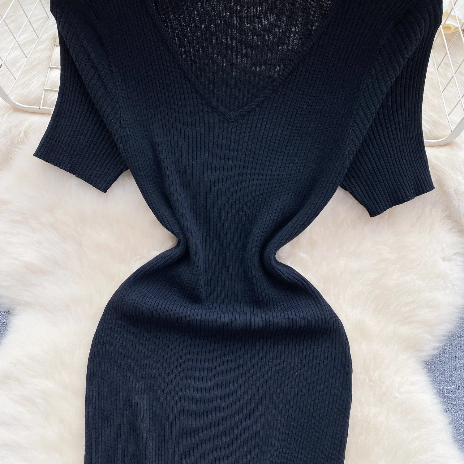 Summer Knit Bodycon Solid Dress for Women Short Sleeve Maxi