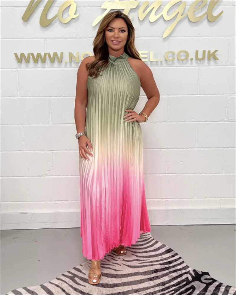 Pleated Sleeveless Gradient Round Neck Dress For Spring