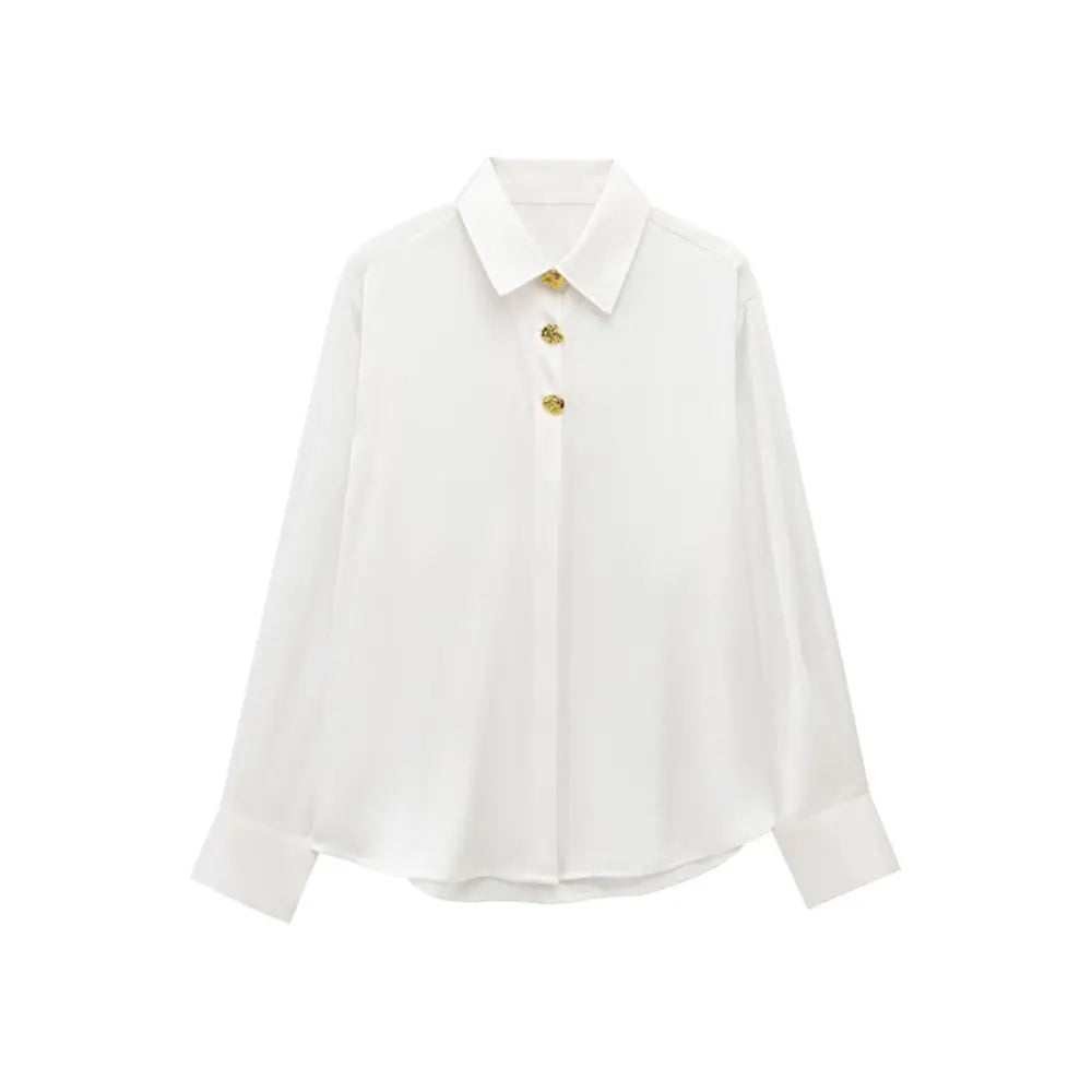 Long Sleeve Lapel Collar Blouse for Women with Fashion Gold Buttons Chic Elegant Office Shirt