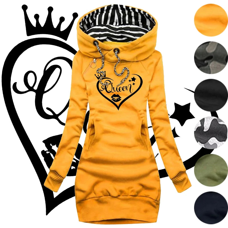 Queen Printed Hoodie Sweater Dress For Women Long Sleeve