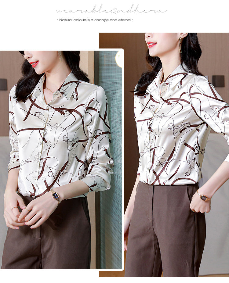 Elegant Satin Women Blouse Long Sleeve Button Up Shirt Vintage Office Lady Print Top