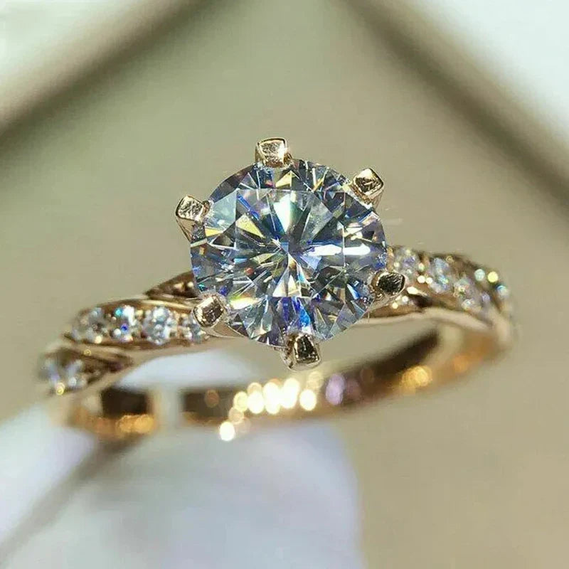 Luxury Gold Color Cubic Zirconia Engagement Ring for Women Classic 6 Claw Wedding Band