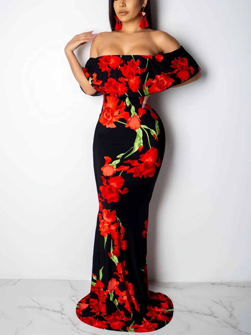Floral Print Maxi Dress Off Shoulder Bodycon Silhouette