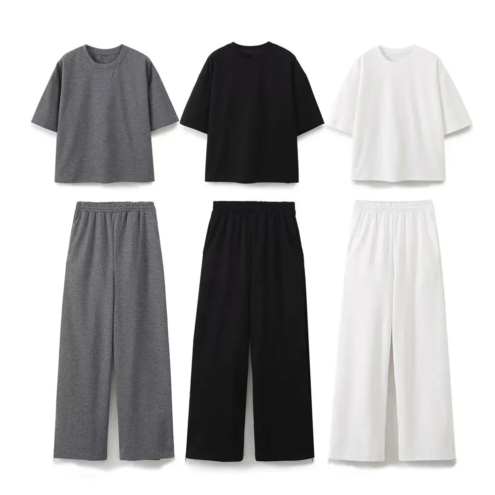 Women's Solid Casual T Shirt and Pant Set with Short Sleeves and Lace-Up Side Pockets