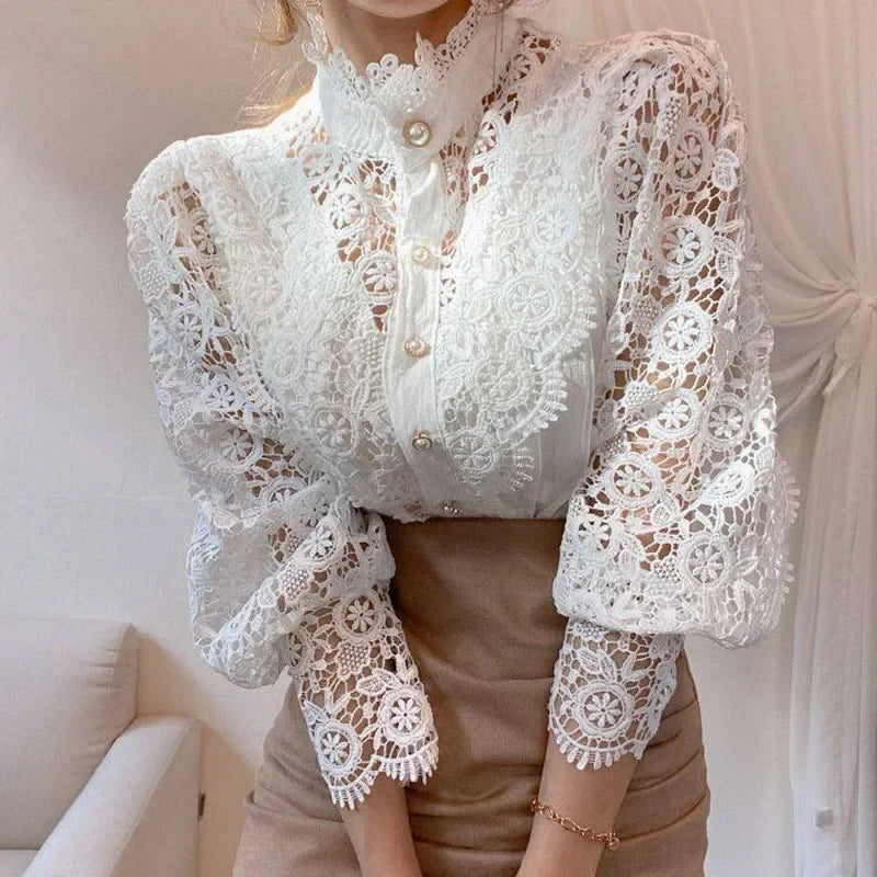 Vintage White Lace Blouse for Women Button Front Loose Fit Hollow Casual Shirt Top
