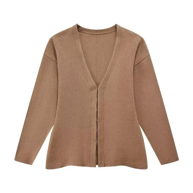 Women's Knit Tailored Cardigan and Skirt Set V-Neck Long Sleeve Jacket with High Waist Elastic A-Line Mini Skirt Stylish Two-Piece Outfit