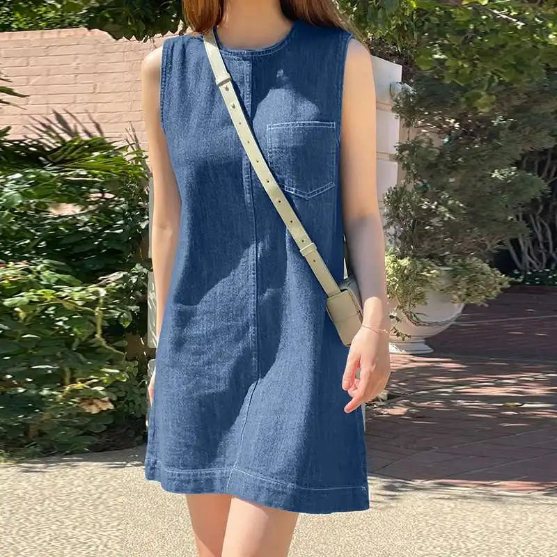 Denim Midi Dress for Women Sleeveless O Neck Blue Casual