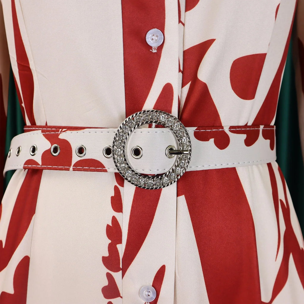 Printed Dress For Women Elegant Turn Collar Ankle Length