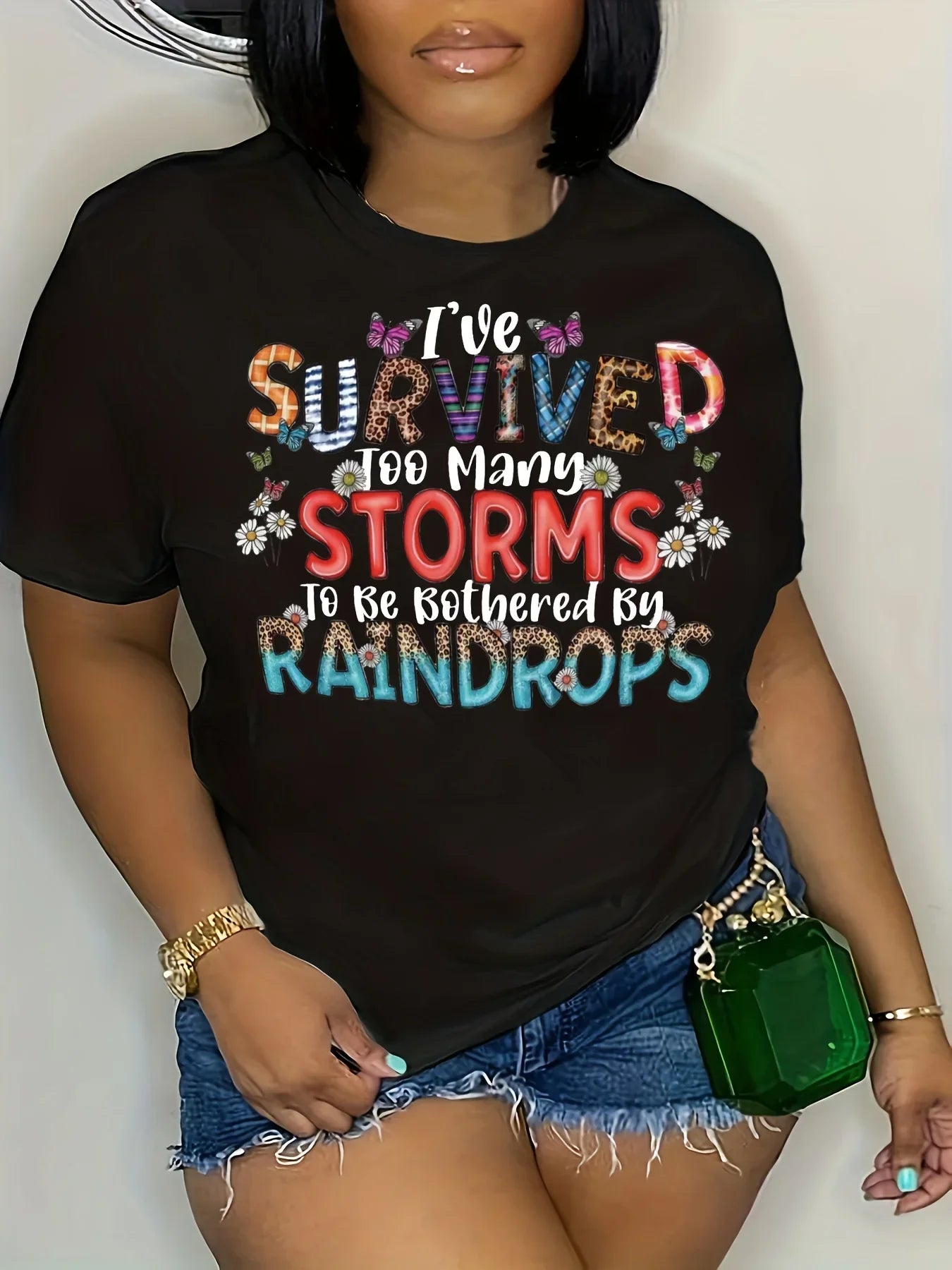 Plus Size Colorblock Letter Print T-Shirt Casual Short Sleeve Top for Women