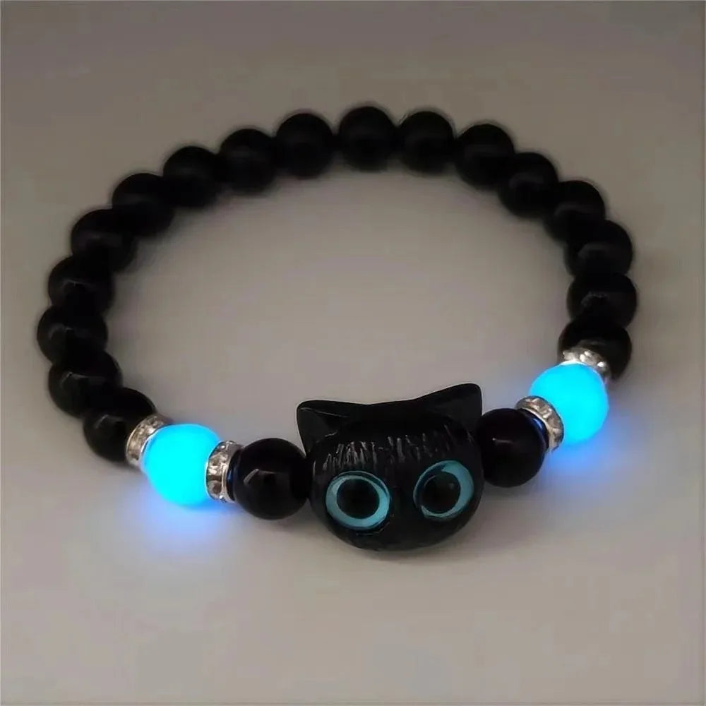 Luminous Cat Charm Bracelets for Couples Glow in the Dark Friendship Bangles Black and White Cat Head Design