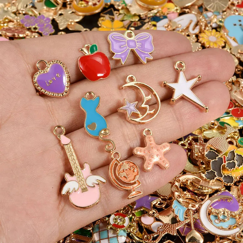 Random Mix of Animal Moon Fruits Heart Drip Oil Pendants for Handmade Jewelry Making Supplies with Metal Alloy Earring Components