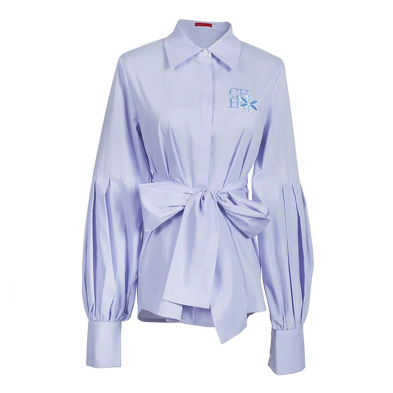 Women Embroidered Elegant Lantern Sleeve Blouse Casual Long Sleeve Office Shirt Fashionable Commuting Top