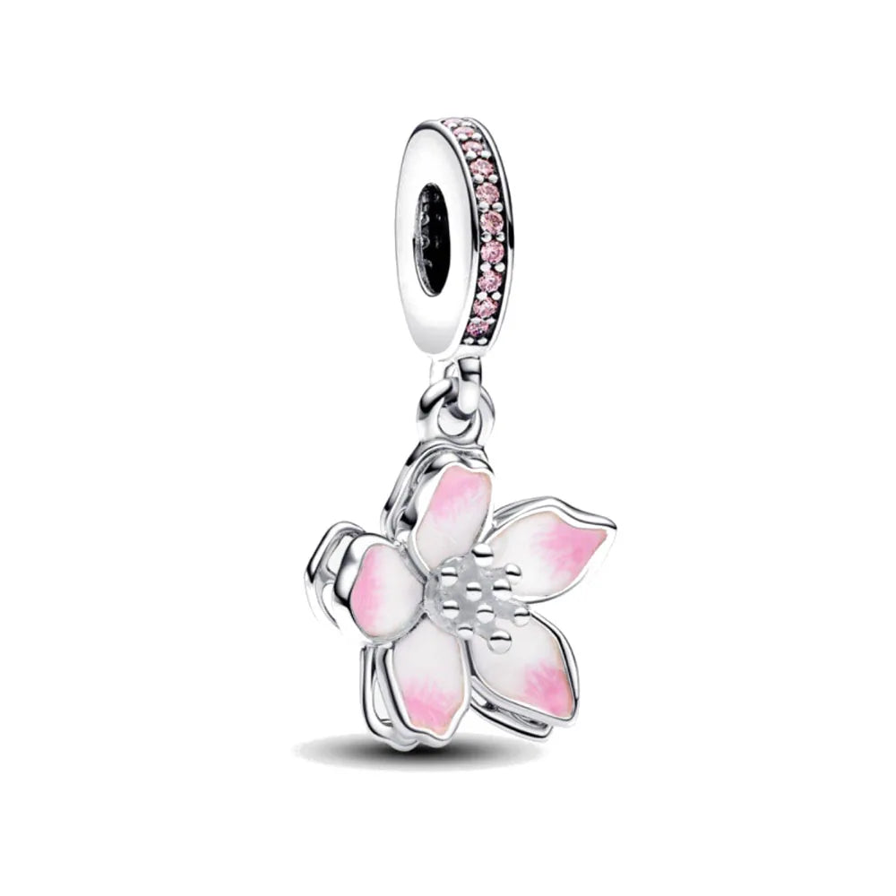 Spring Pink 925 Sterling Silver Mother Daughter Flower Enamel Dangle Pendant for Charm Bracelets