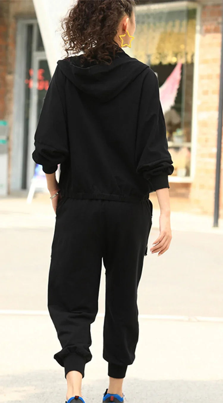 Spring Punk Fashion Women's Two Piece Set with Loose Hooded Jacket and Classic Fitness Pants