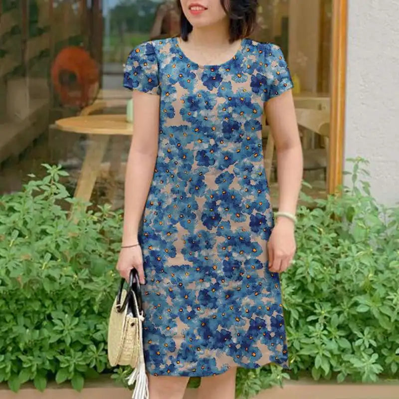 Floral Boho Knee Length Dress With Short Sleeves Blue