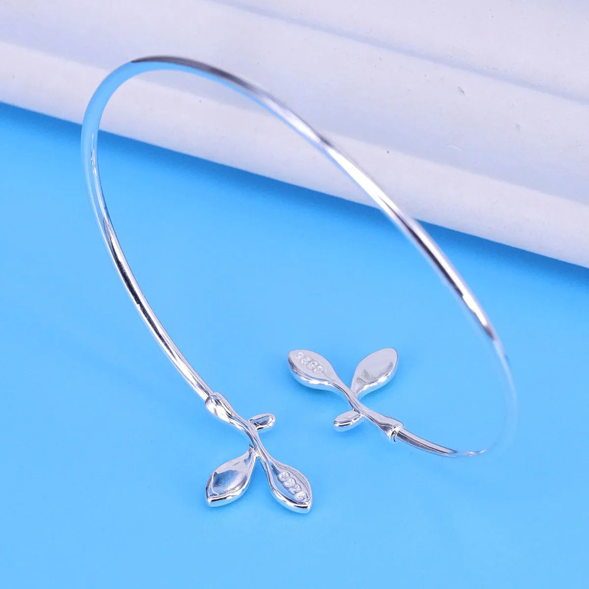 925 Sterling Silver Bangle with Green Opal Leaf Design for Women - Elegant Twigs Branch Jewelry Gift