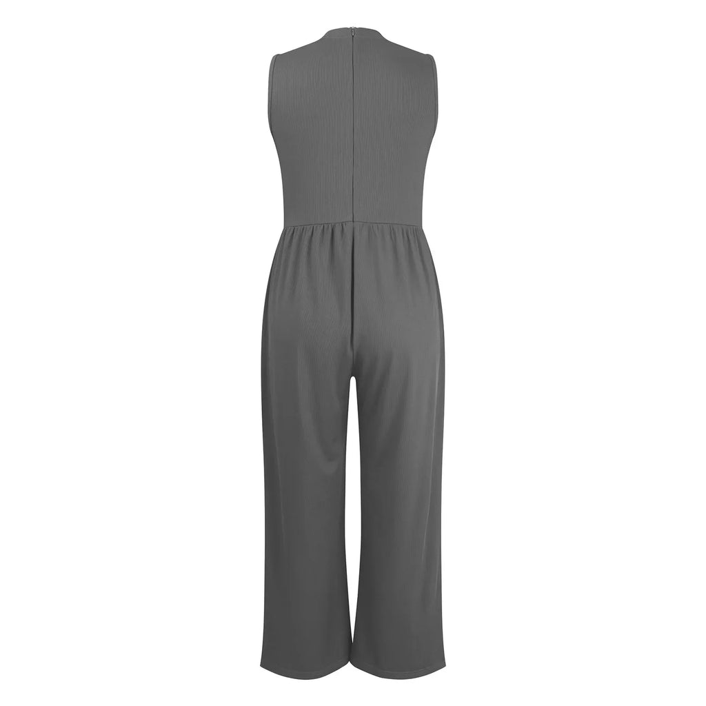 Women Sleeveless High Neck Ribbed Tank Top Jumpsuit Wide Leg Pants Romper with Tummy Control and High Waist Casual Summer Outfit