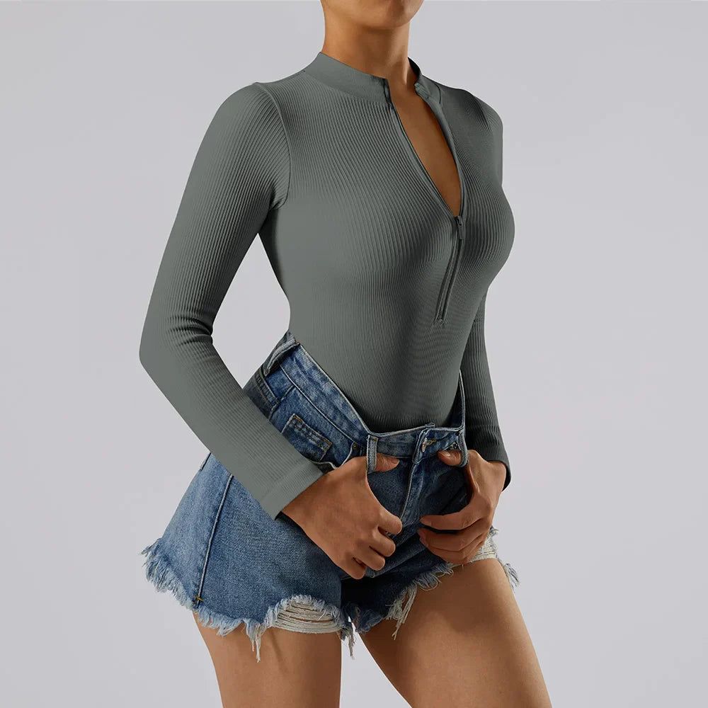 Bodycon Slim Fit Zipper Jumpsuit for Women Casual Brown Fitness Romper Streetwear Playsuit Overall